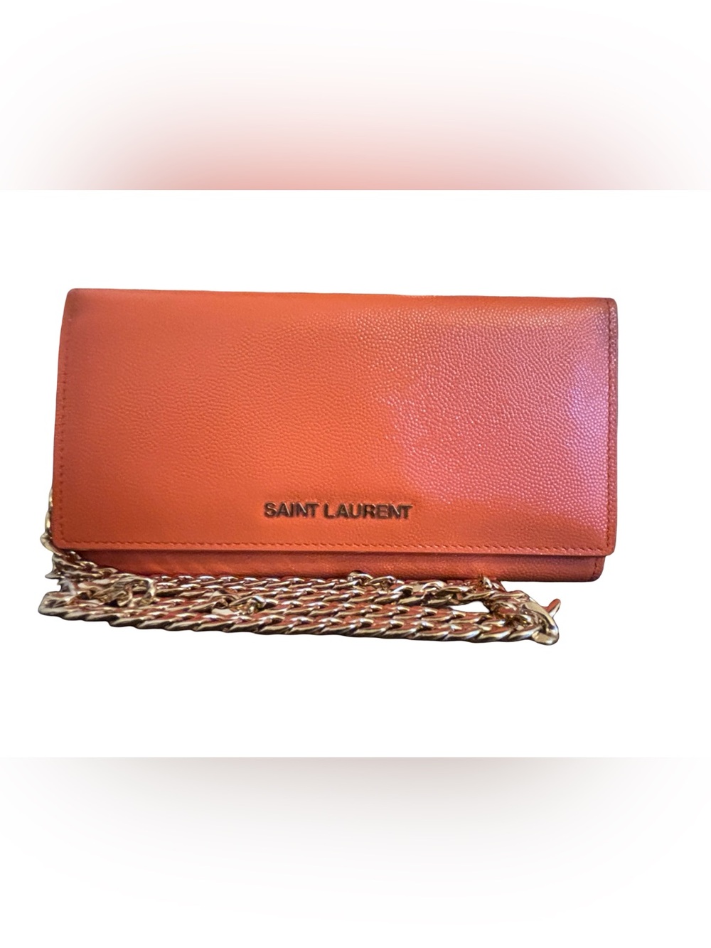 Authentic Saint Laurent Orange Leather Wallet with Gold Chain